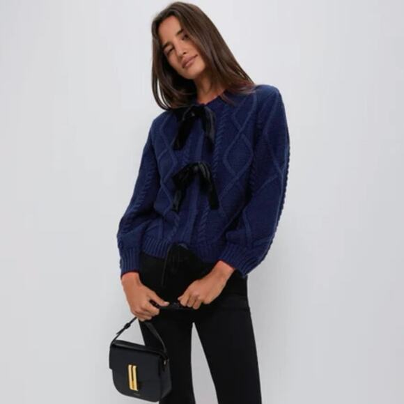 Tuckernuck Hyacinth House Velvet Bea Bow Coquette Cardigan Sweater in Navy, XS - Picture 1 of 14